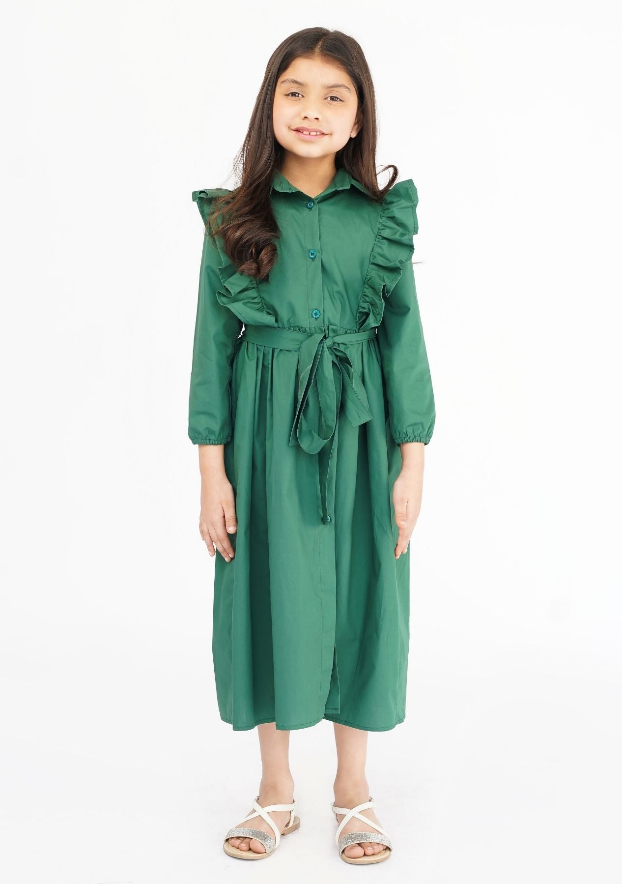 Girls Ruffle Trim Belted Dress - Bottle Green