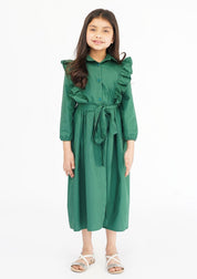 Girls Ruffle Trim Belted Dress - Bottle Green