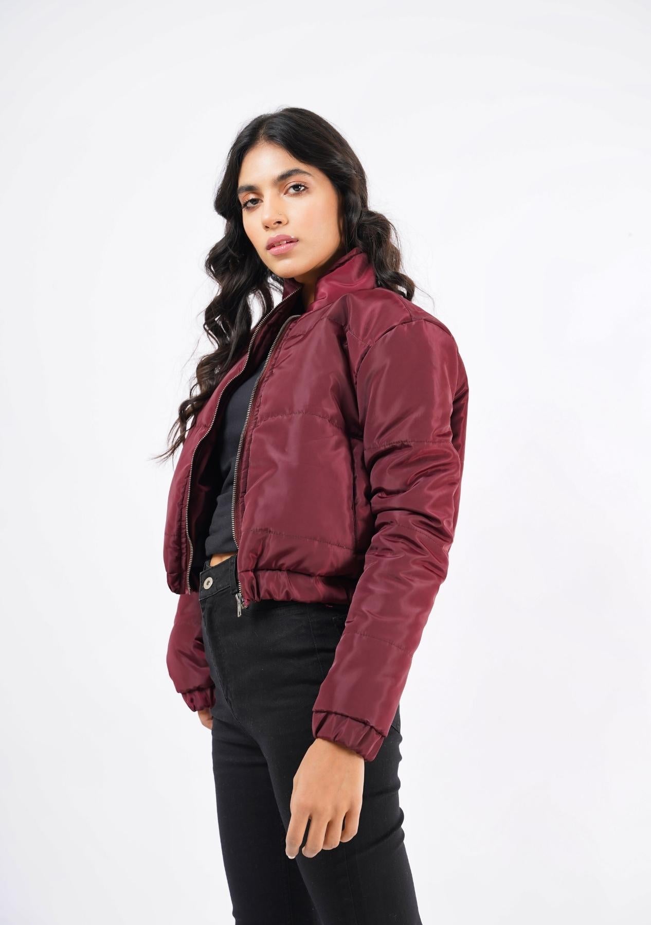 Cropped Puffer Jacket - Maroon