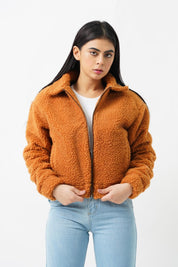 Teddy Faux Fur Bomber Jacket - Camel