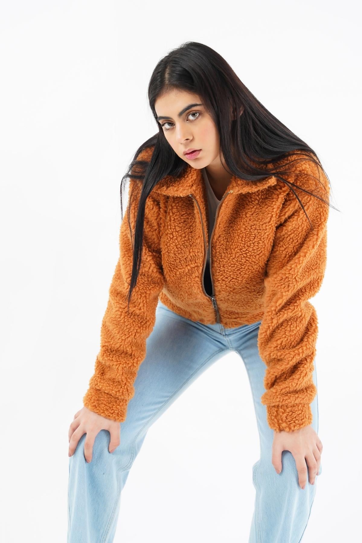 Teddy Faux Fur Bomber Jacket - Camel