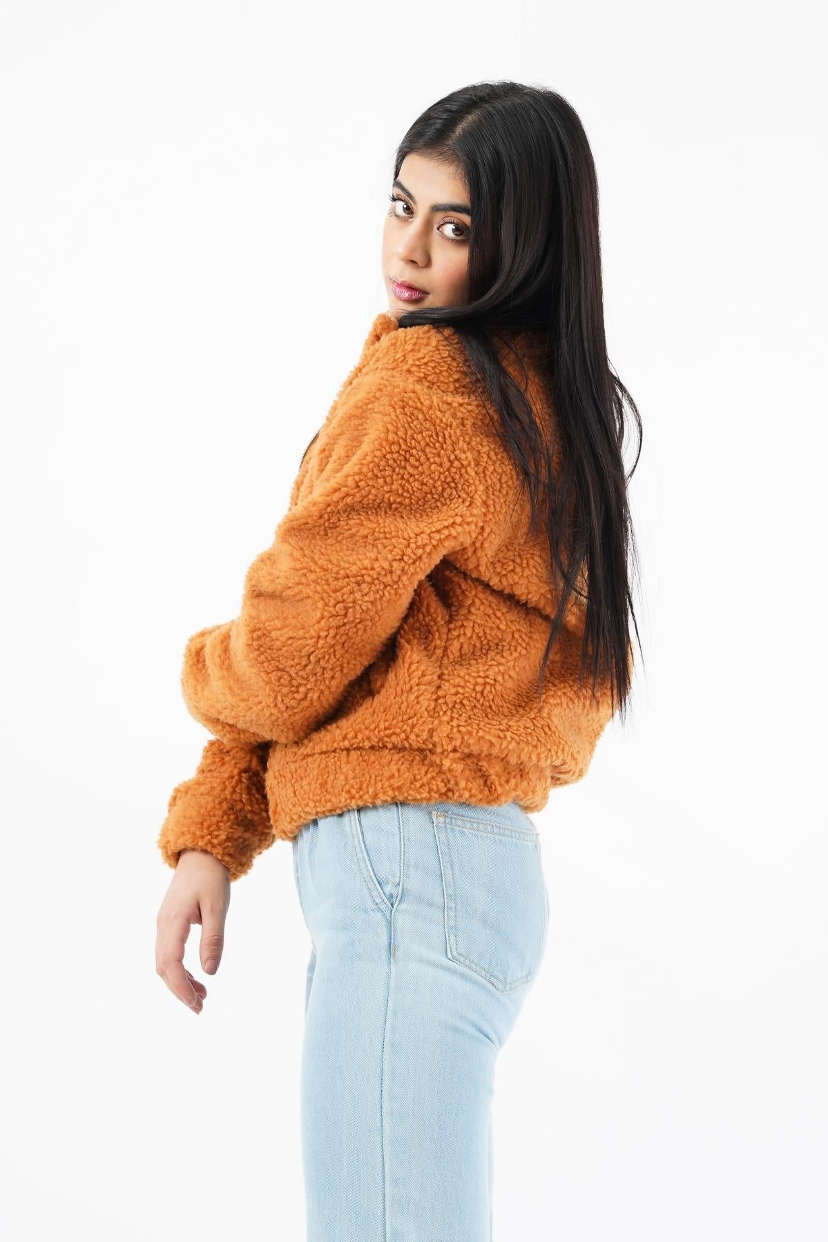 Teddy Faux Fur Bomber Jacket - Camel