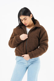 Teddy Faux Fur Bomber Jacket - chocolate brown