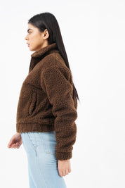Teddy Faux Fur Bomber Jacket - chocolate brown