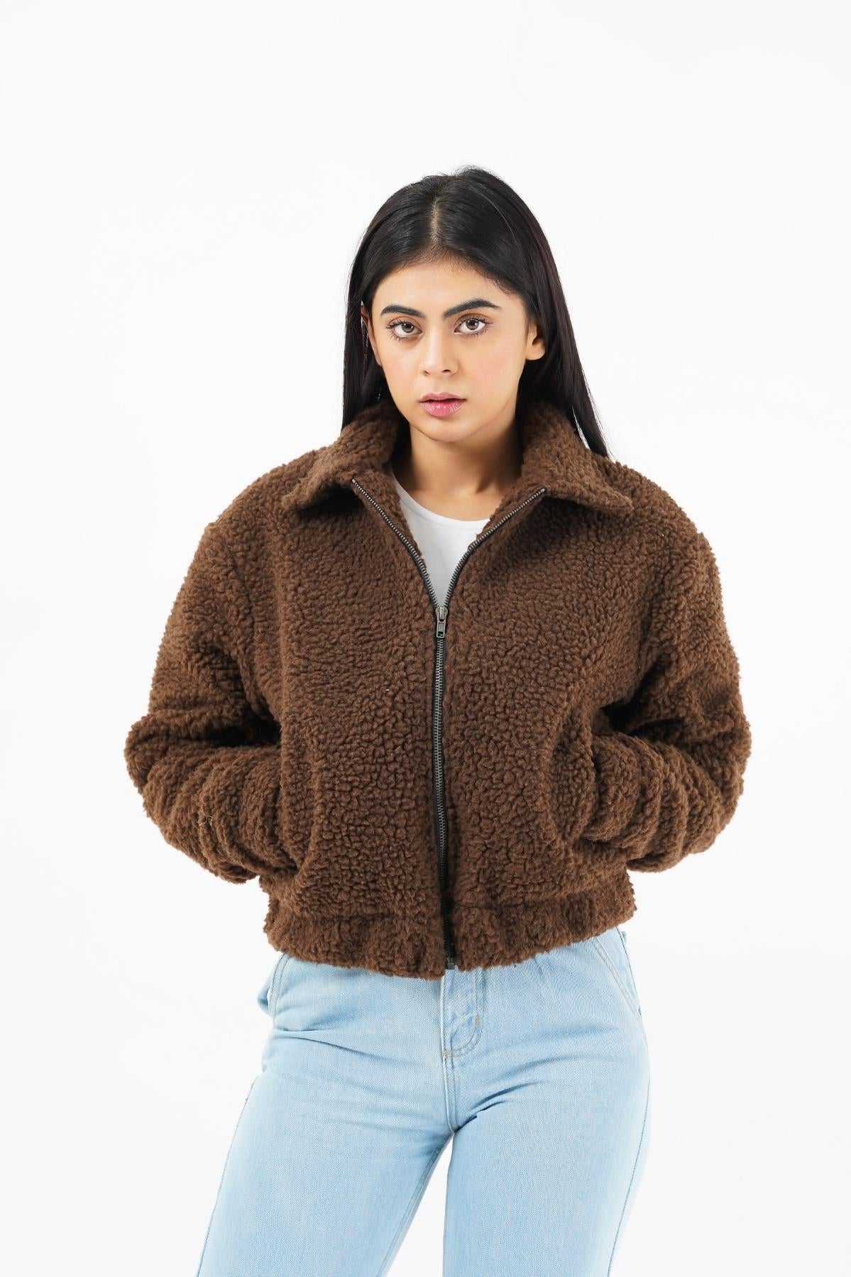 Teddy Faux Fur Bomber Jacket - chocolate brown