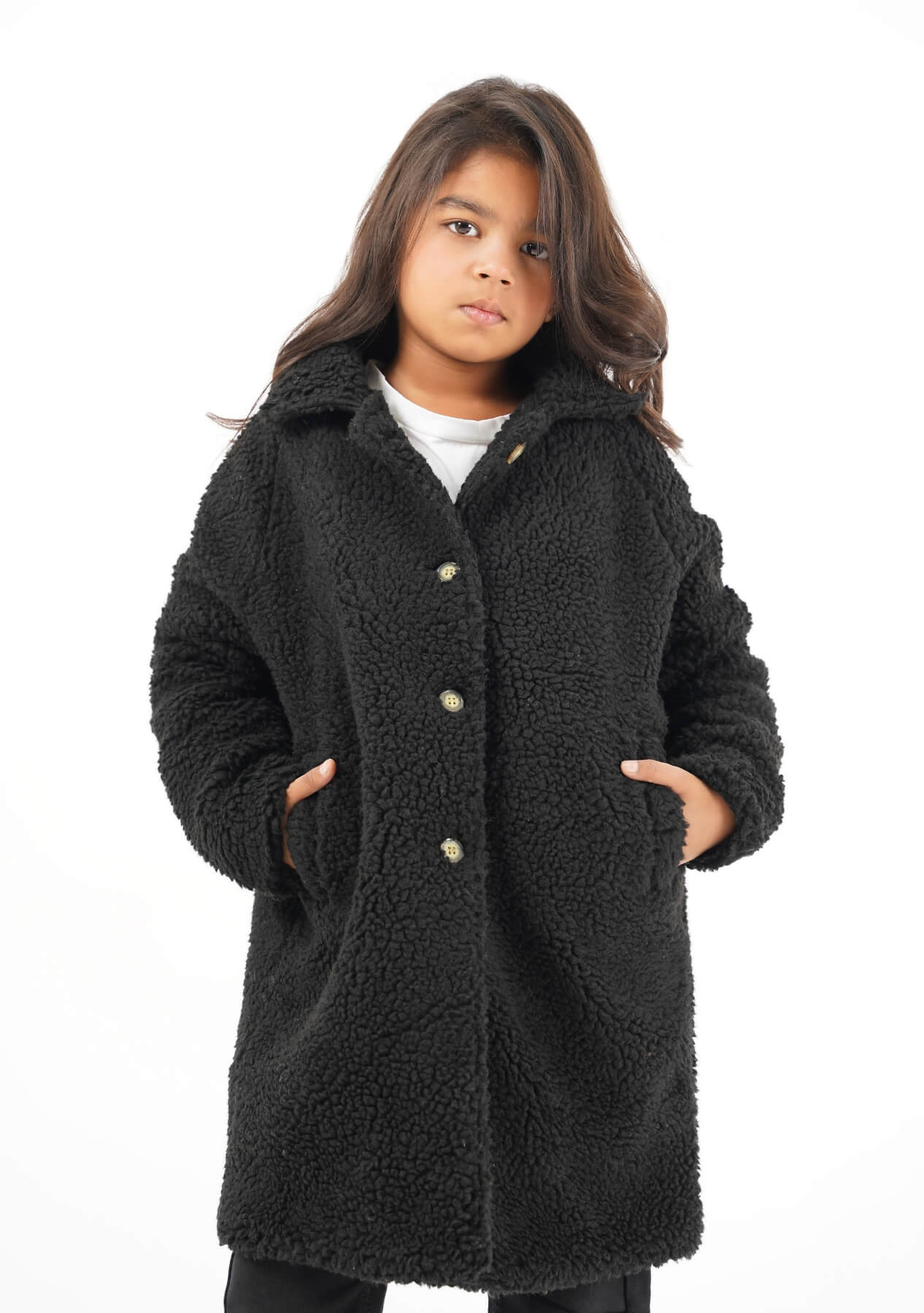 Girls Sherpa Long Coat Black – Nine Ninety Nine
