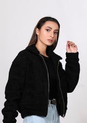Teddy Faux Fur Bomber Jacket - Black