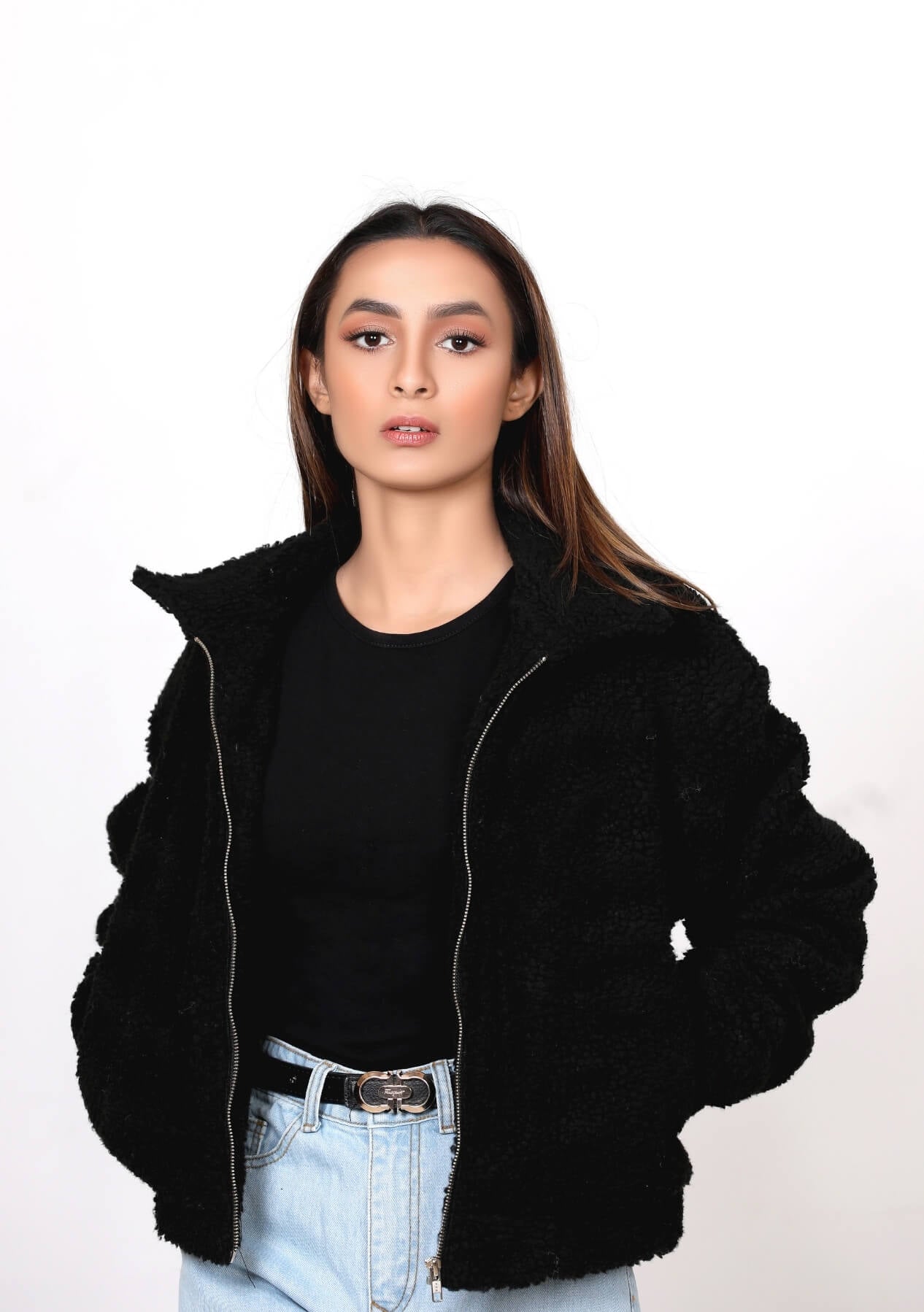 Teddy Faux Fur Bomber Jacket - Black