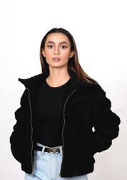 Teddy Faux Fur Bomber Jacket - Black
