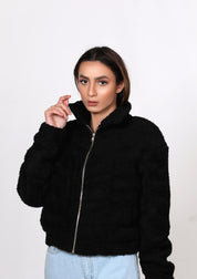 Teddy Faux Fur Bomber Jacket - Black