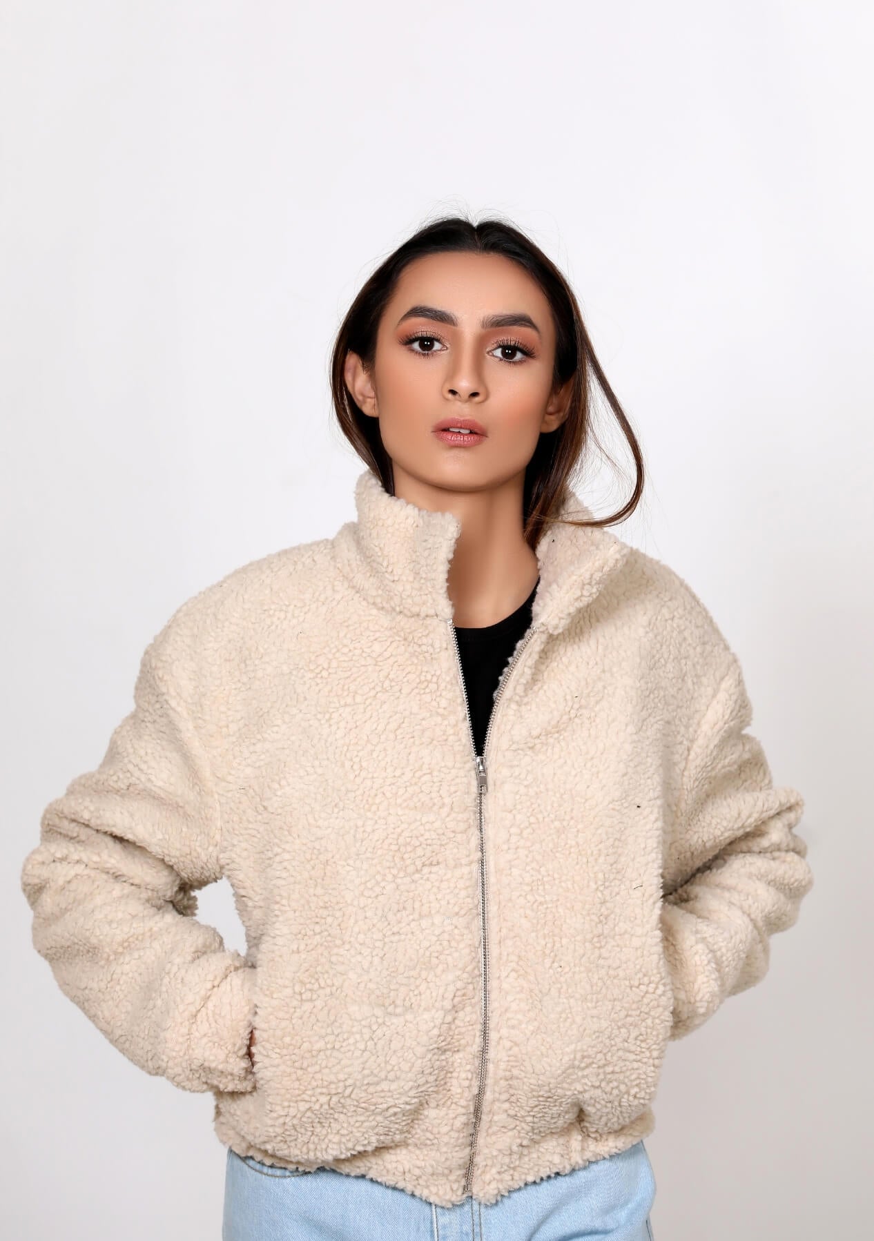 Teddy Faux Fur Bomber Jacket - beige