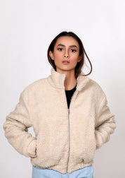 Teddy Faux Fur Bomber Jacket - beige