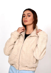 Teddy Faux Fur Bomber Jacket - beige