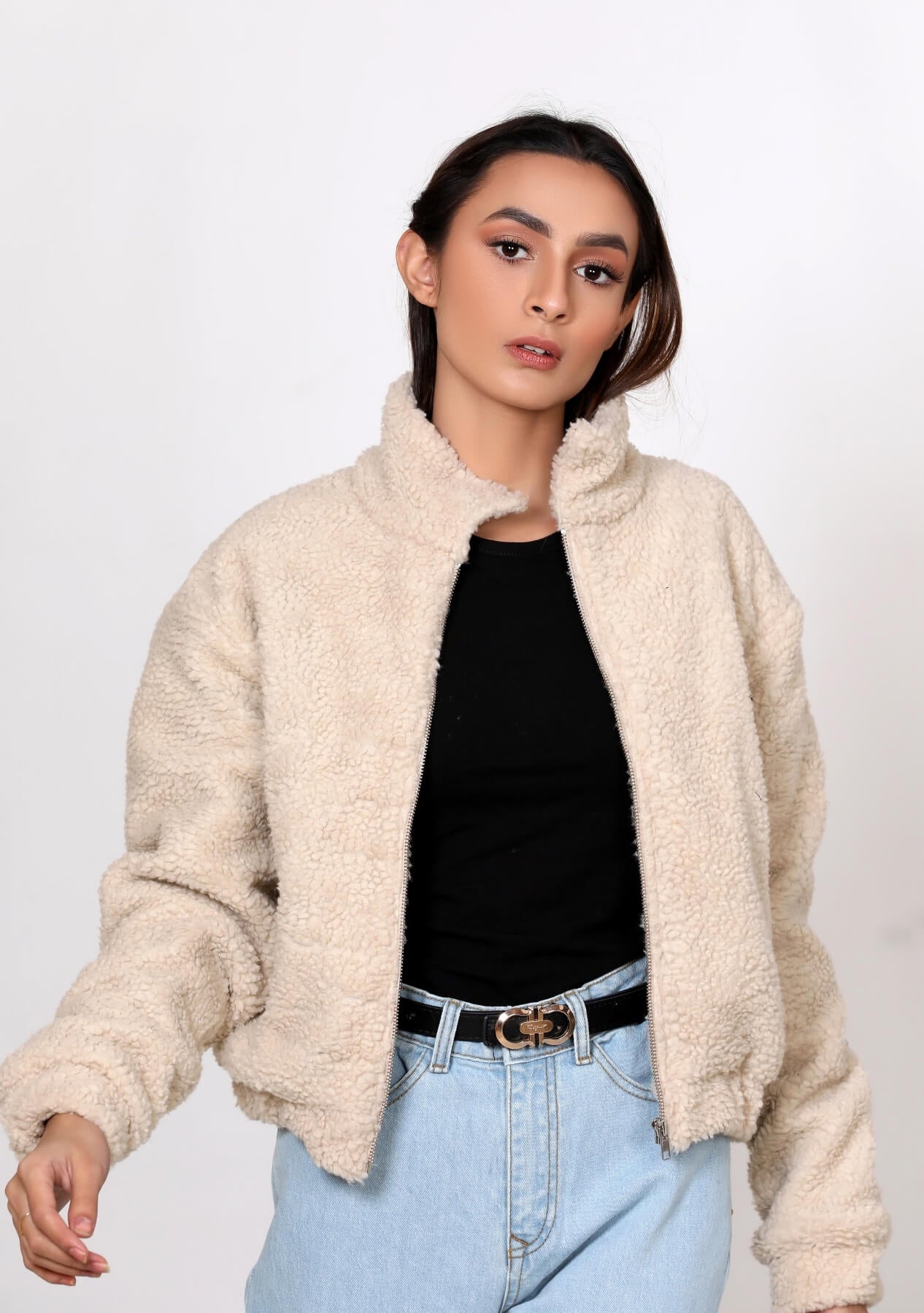Teddy Faux Fur Bomber Jacket - beige