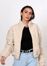 Teddy Faux Fur Bomber Jacket - beige