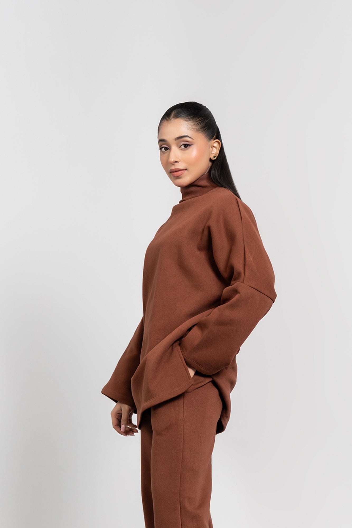 High Neck Fleece Top - Mocha Brown