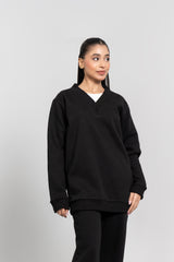 V Neck Oversized Fleece Top - Black