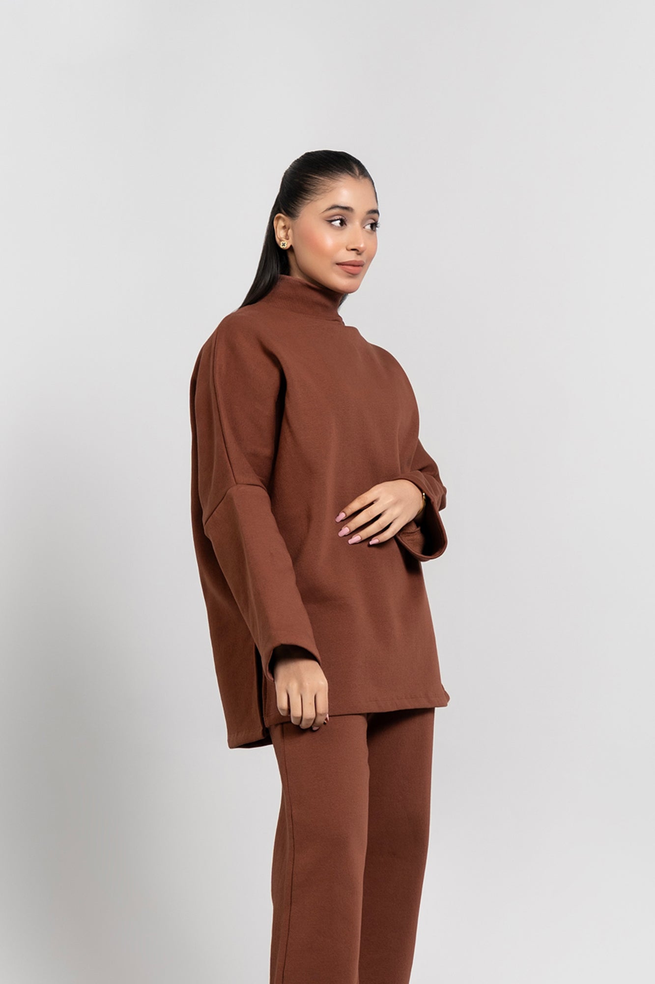 High Neck Fleece Top - Mocha Brown