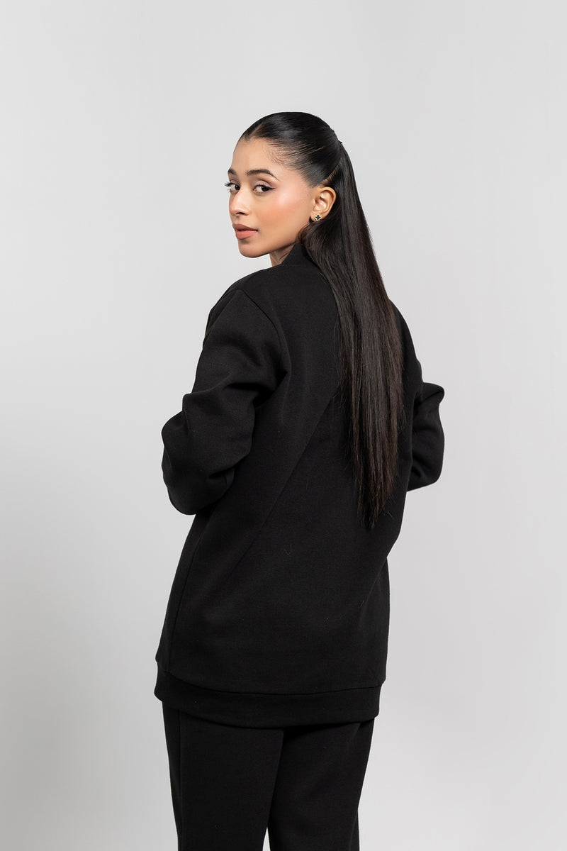 V Neck Oversized Fleece Top - Black