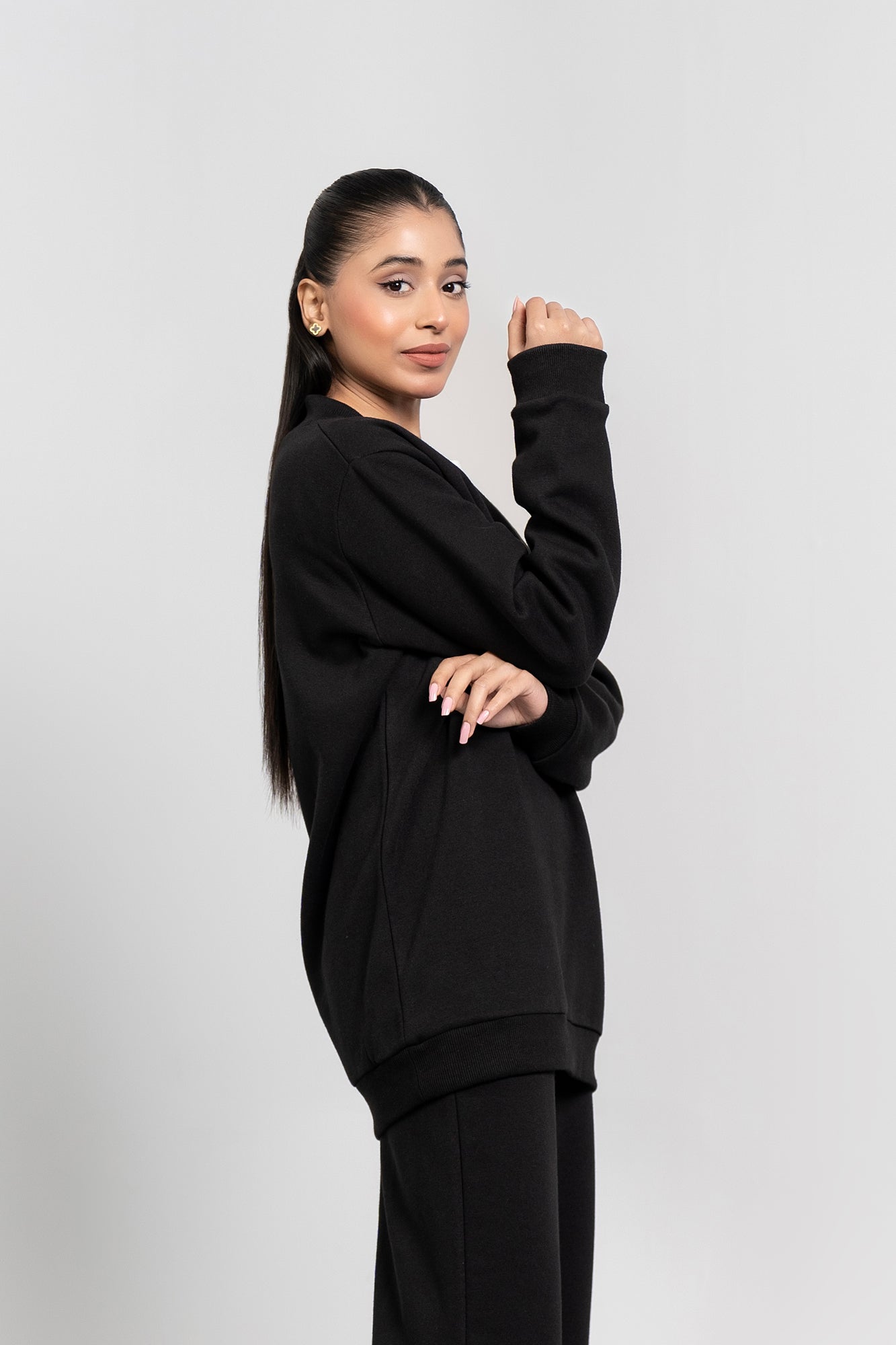 V Neck Oversized Fleece Top - Black