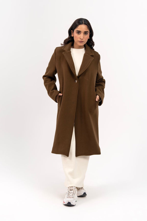 Classic One Button Wool Coat - Greenish Brown