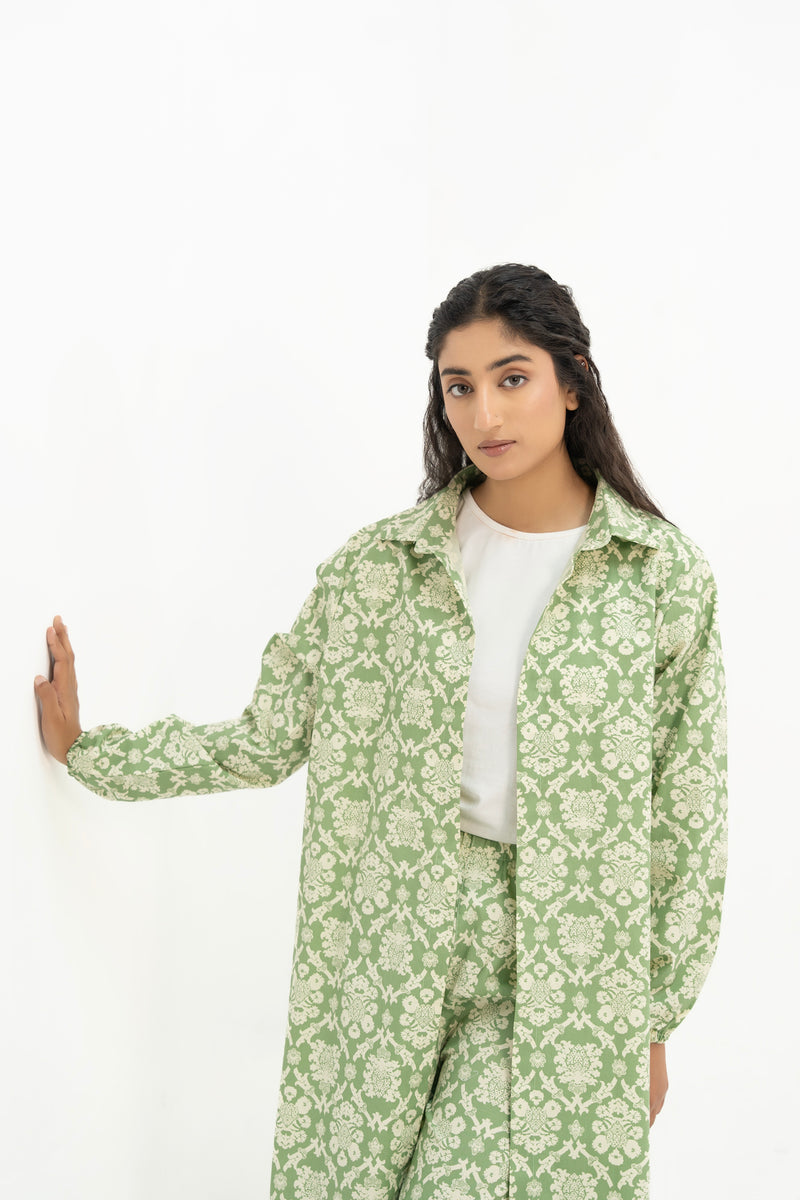 Open Front Tunic - Light Green White Floral
