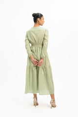 Tie Neck Elastic Waist Dress - Green Floral