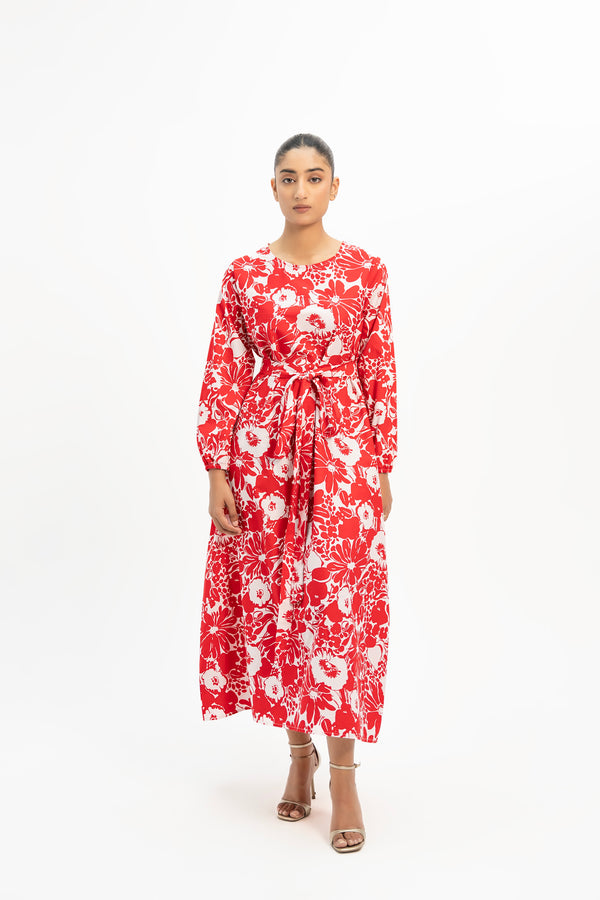 Round Neck Belted Dress - Red White Floral