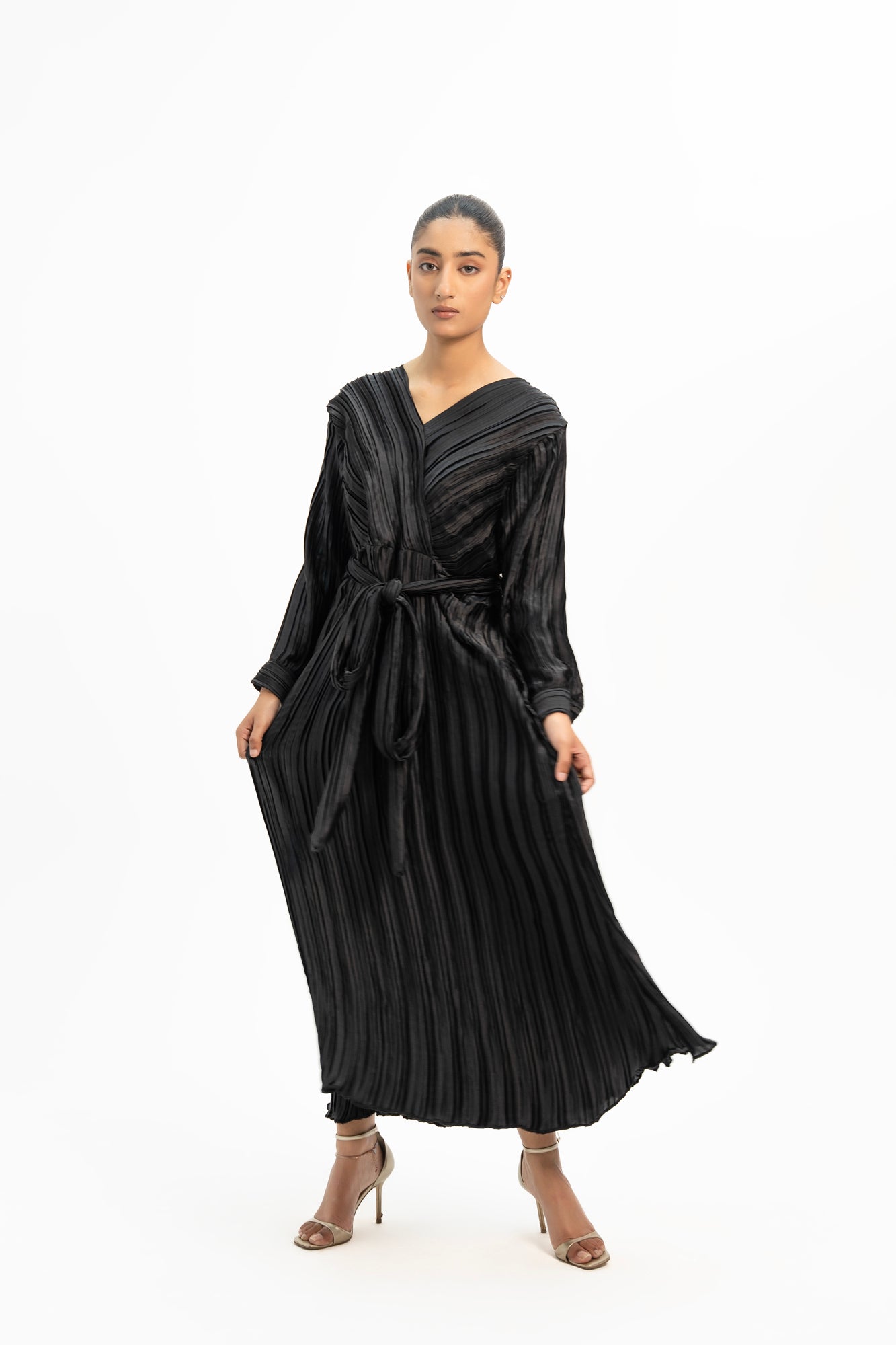 Pleated Wrap Dress - Black