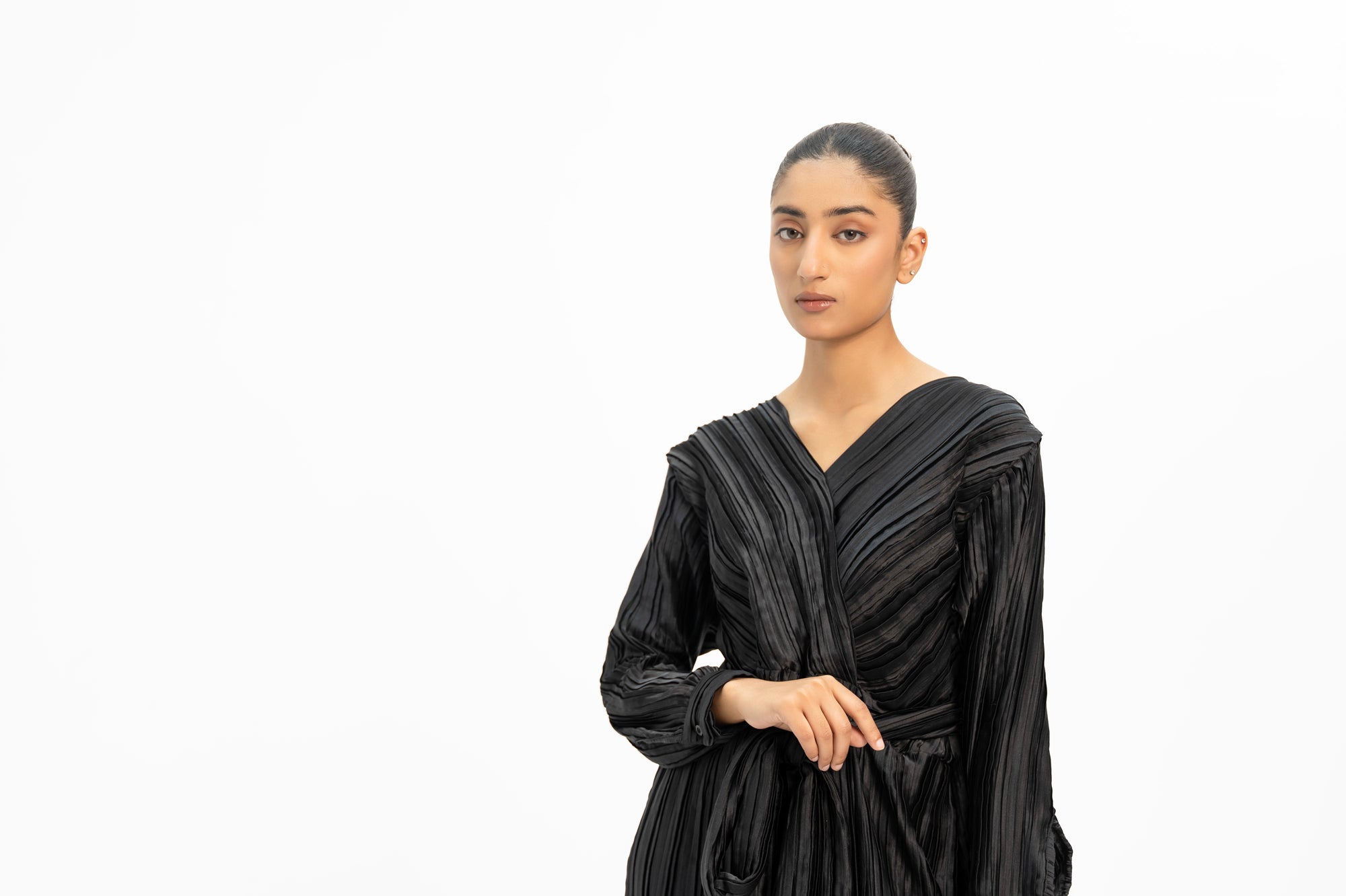 Pleated Wrap Dress - Black