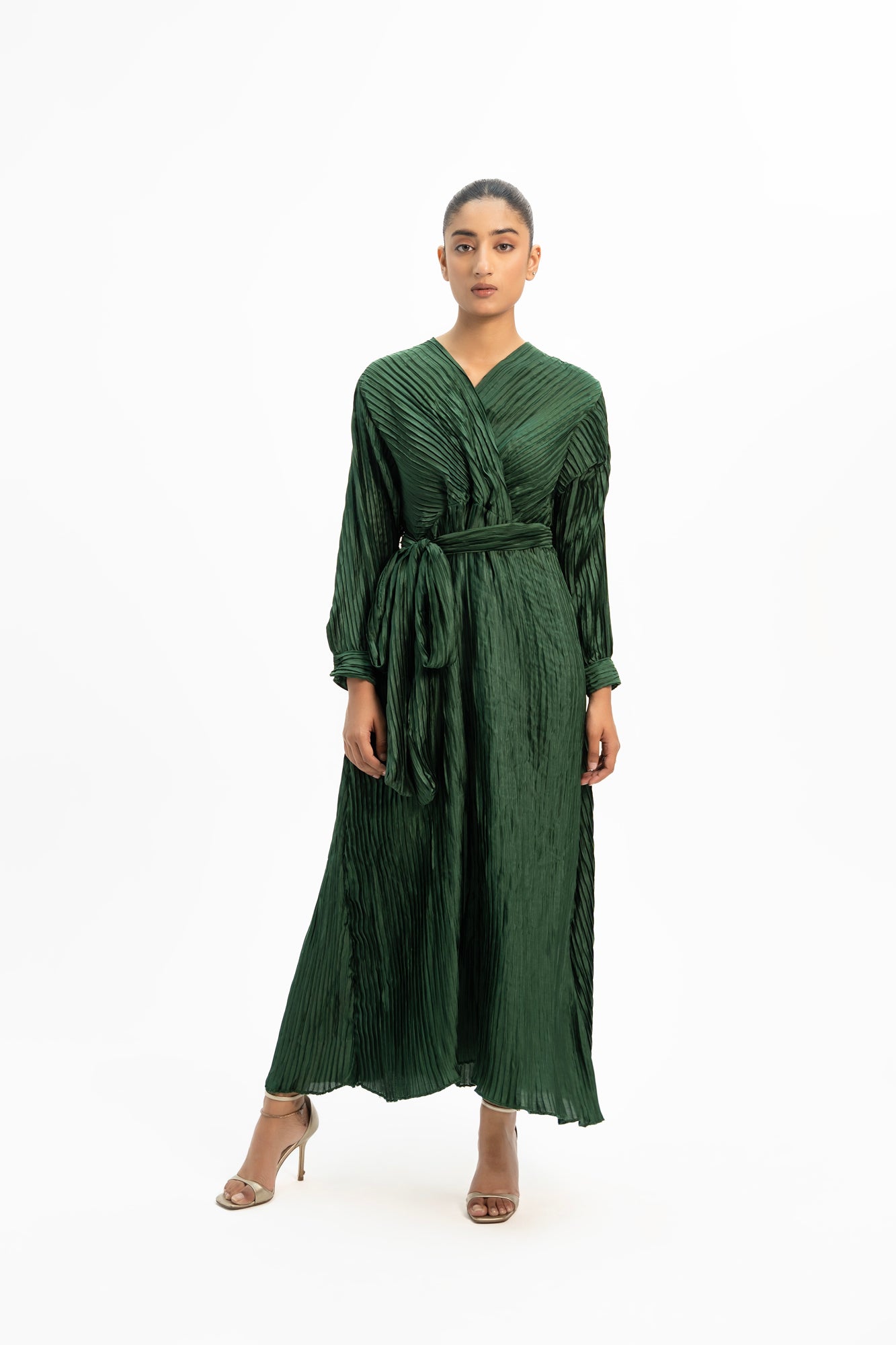 Pleated Wrap Dress - Emerald Green