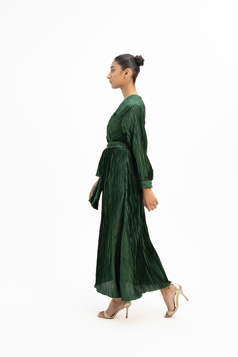 Pleated Wrap Dress - Emerald Green