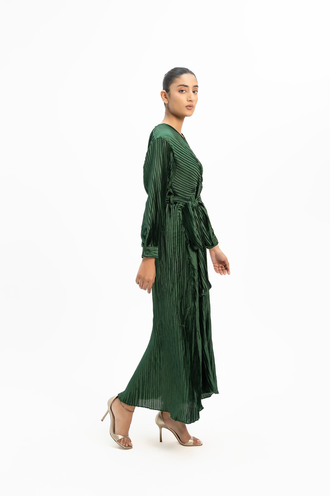 Pleated Wrap Dress - Emerald Green