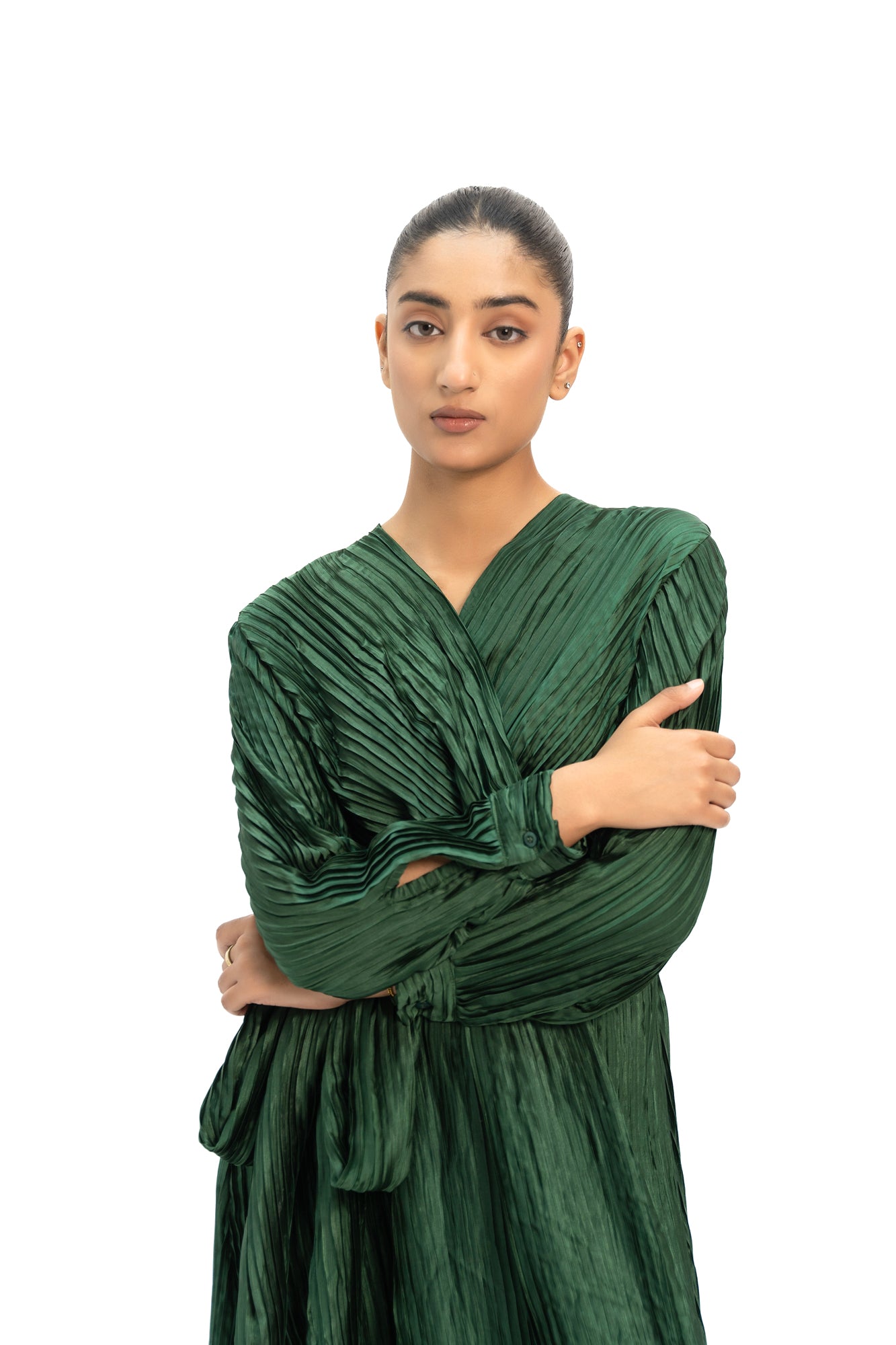 Pleated Wrap Dress - Emerald Green
