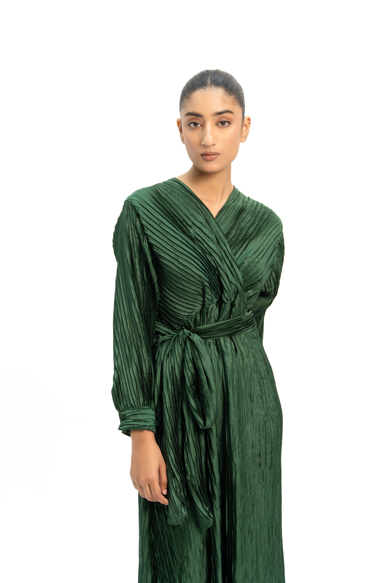 Pleated Wrap Dress - Emerald Green