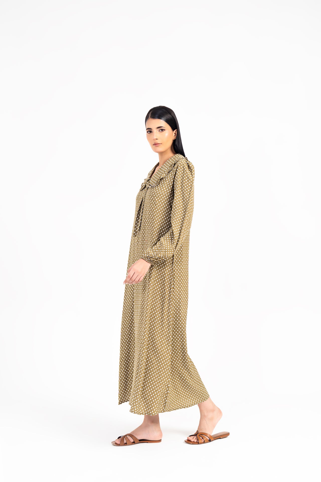 Ruffle Collar Dress - Olive with White Floral
