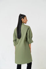 Pleated Cuff Shirt Dress - Sage Green