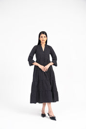 Mandarin Collared Maxi Dress - Black with White Dots
