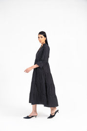Mandarin Collared Maxi Dress - Black with White Dots