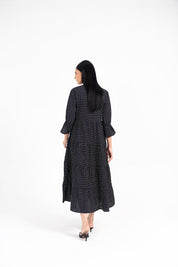 Mandarin Collared Maxi Dress - Black with White Dots