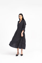 Mandarin Collared Maxi Dress - Black with White Dots