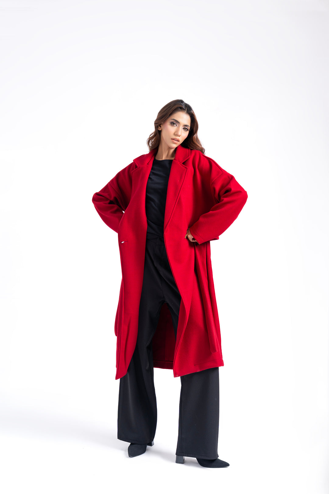 Oversized Belted Wool Coat - Maroon