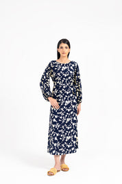 Pleated Puff Sleeve Dress - Navy Blue and Cream Floral Print
