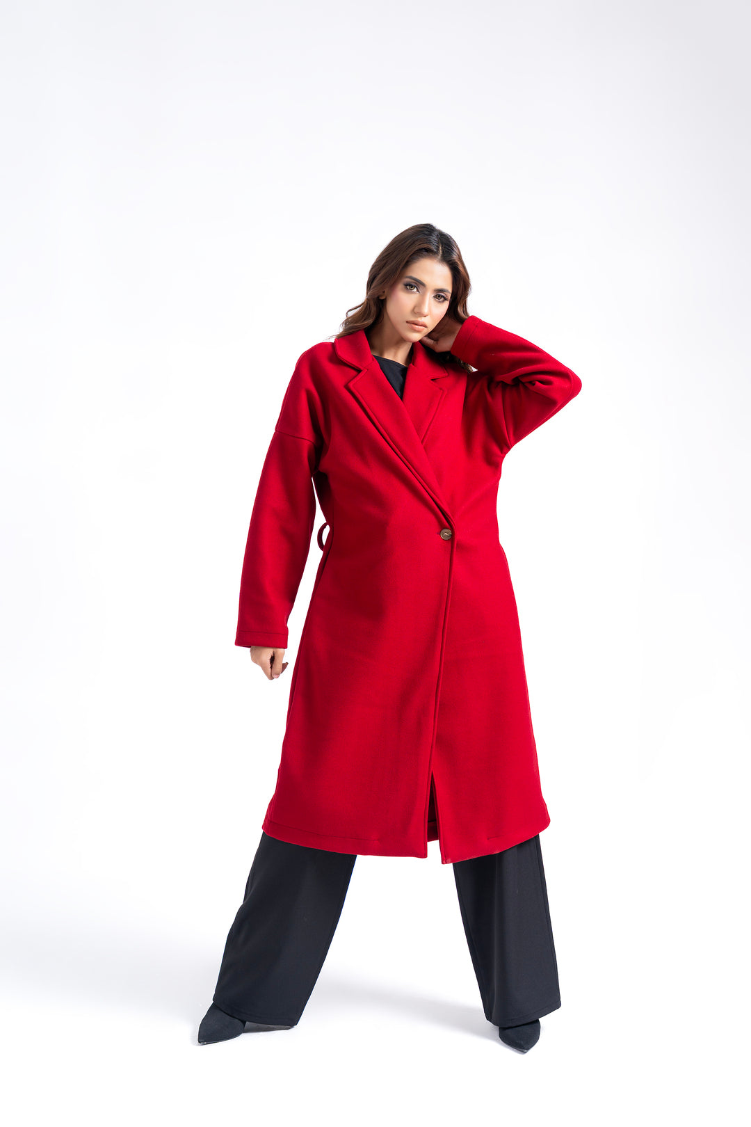 Oversized Belted Wool Coat - Maroon