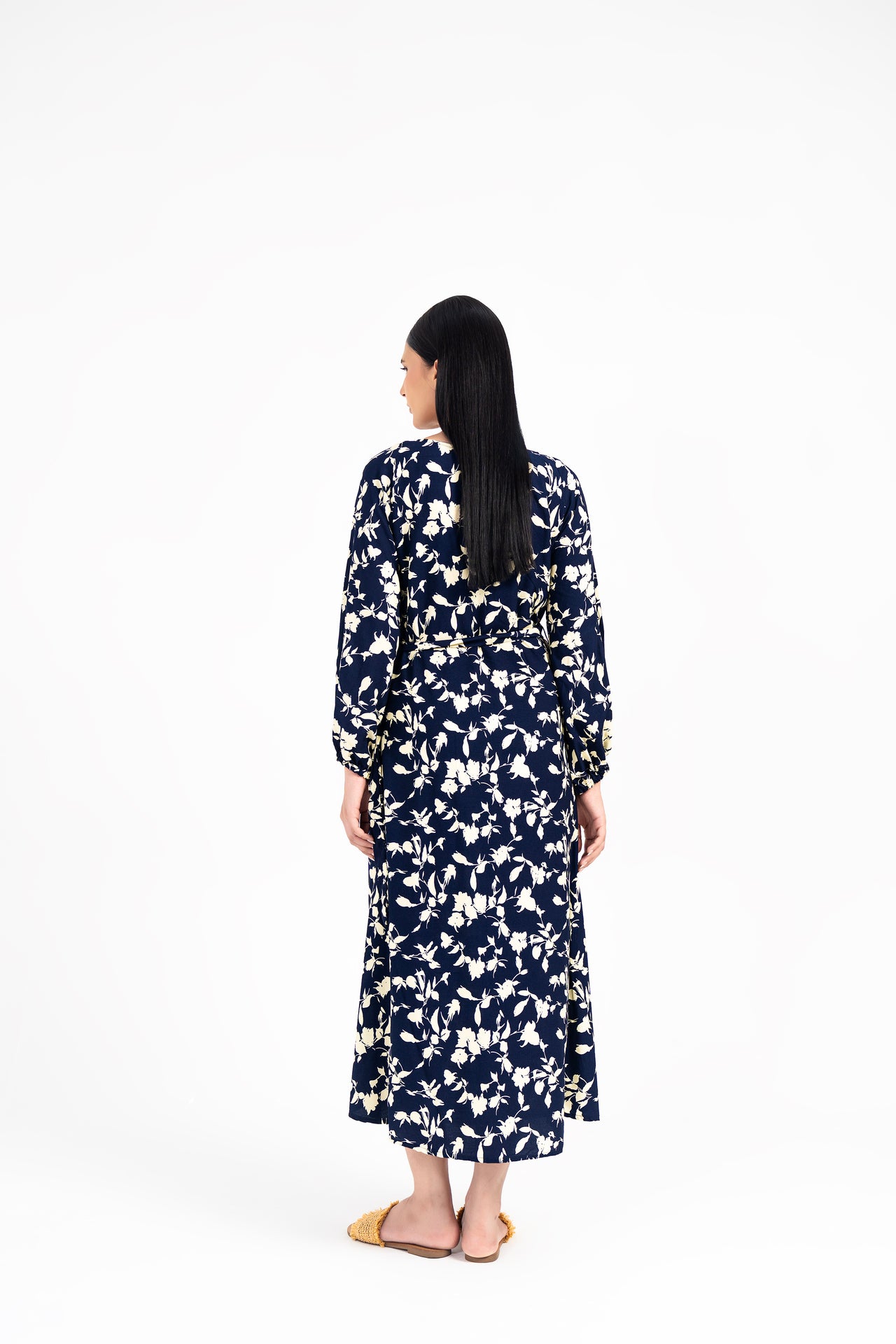 Pleated Puff Sleeve Dress - Navy Blue and Cream Floral Print