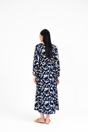 Pleated Puff Sleeve Dress - Navy Blue and Cream Floral Print