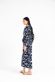 Pleated Puff Sleeve Dress - Navy Blue and Cream Floral Print