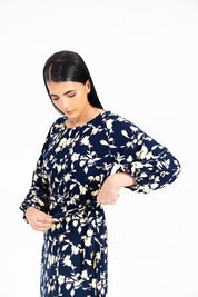 Pleated Puff Sleeve Dress - Navy Blue and Cream Floral Print