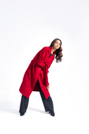 Oversized Belted Wool Coat - Maroon