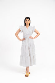 V Neck Butterfly Sleeve Maxi Dress - White with Black Dots